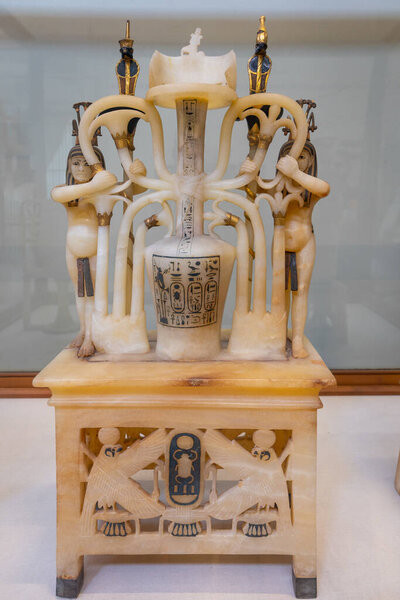 Cairo, Egypt, 24.07.21. Alabaster perfume vase from the Tomb of King Tutankhamun, 14th century BC displayed in the Egyptian Archaeology Museum (The Museum of Egyptian Antiquities).