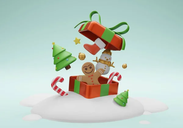 3d illustration Christmas with a big red gift box in the snow with small gingerbread men inside, gift box, candy cane, small red sock, small xmas tree and small snowman wearing gold scarf and gold winter hat. Background Xmas. Horizontal new year post