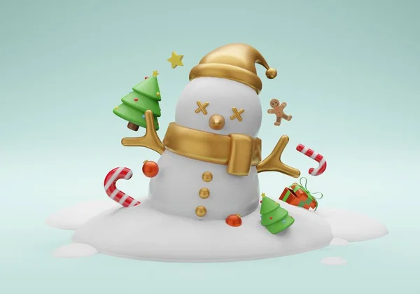 3D圣诞图例 雪人头戴金色围巾 头戴金色冬帽 头戴礼品盒 头戴糖果手杖 头戴小圣诞树 头戴小姜饼 圣诞节 横向新年海报 — 图库照片