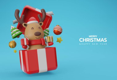 Büyük kırmızı bir hediye kutusunda ren geyikleri ve içinde mavi bir sırt çantasıyla küçük noel ağaçları olan üç boyutlu bir Noel. Geçmiş Xmas. Yatay yeni yıl posteri, tebrik kartı.