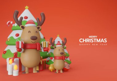 3D illüstrasyon Mutlu Noeller ve kırmızı arka planda büyük ve küçük ren geyiklerinin hediye kutuları ve büyük ve küçük noel ağaçları taşıdığı mutlu yıllar. Geçmiş Xmas. Yatay yeni yıl posteri, tebrik kartı