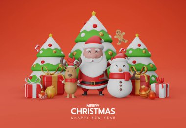 Noel Baba, Noel Baba, Noel ağacı, kardan adam, ren geyiği, zencefilli kurabiye ve kırmızı arka planda hediye kutuları. Geçmiş Xmas. Yatay yeni yıl posteri, tebrik kartı