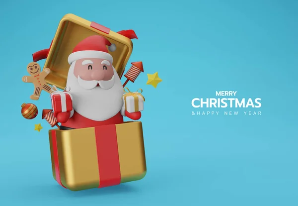 大きな金のギフトボックスと小さなジンジャーブレッドの男性でサンタクロースと3Dイラストクリスマス ギフトボックス 青の背景に内側のキャンディー杖 背景Xmas 水平新年ポスターグリーティングカード — ストック写真