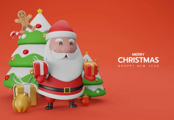 3Dイラストギフトボックスと赤を背景に大小のクリスマスツリーを保持サンタクラスとメリークリスマスとハッピーニューイヤー 背景Xmas 水平新年ポスターグリーティングカード — ストック写真