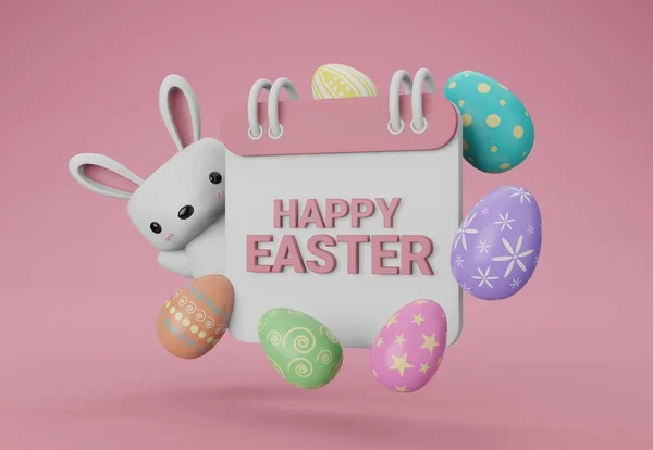 Illustration Frohe Ostern Auf Weißem Kalender Niedliche Weiße Kaninchen Verstecken — Stockfoto