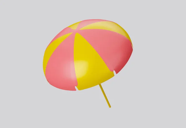 3D图解海滩伞隔离在白色背景 夏天海滩阳伞 黄色带条纹的遮蔽物五彩斑斓 暑假的概念 3D渲染 — 图库照片