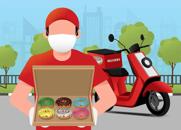 Ilustração Vetorial Serviço Entrega Donuts Encomendar Transporte Entrega Homem Entregando — Vetor de Stock