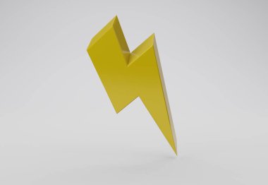 Beyaz üzerine izole edilmiş üç boyutlu aydınlatma sarısı. Gök gürültüsü sembolü 3 boyutlu. Gerçekçi gök gürültüsü, enerjinin, tehlikenin ve gücün sembolü. Şimşek elektrik amblemi.