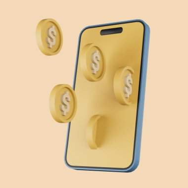 Sarı arka planda izole edilmiş düşen dolar altın sikkeleri ile üç boyutlu simge akıllı telefonu. İşlem konsepti, mobil bankacılık, finansal ödeme. 3d illüstrasyon.