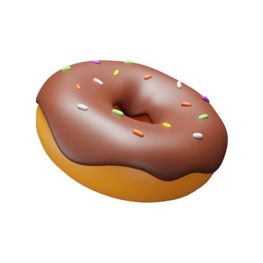Üç boyutlu resimli çikolata renkli donut üzerine beyaz arka plan serpiştirilmiş. Gerçekçi çörek. Lezzetli tatlı. 3d oluşturma