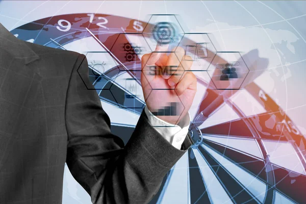 Double Exposure of image of  Digital Business and Technology  ,dartboard with globa backgroundl.( business concept)