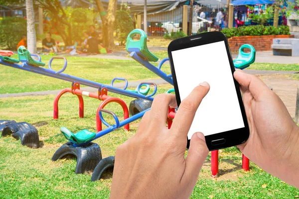 Hand Hold Touch Screen Smart Phone Blurred Park Playground Sunshine — Fotografia de Stock