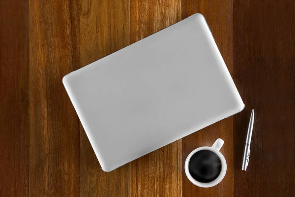 Top View Cup Coffee Pen Laptop Wooden Table Background — Stockfoto