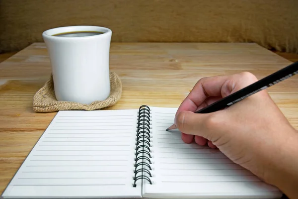 Man Hand Writing Notebook Pencil Men Think Someting Doing Homework — Stockfoto