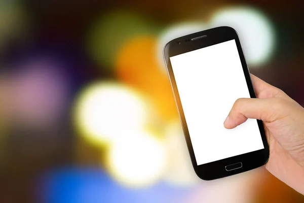 Hand Hole Smartphone Colorful Abstract Blurred Background Design Empty Screen — Fotografia de Stock