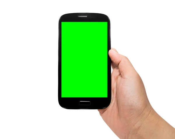 Close Hand Holding Mobile Device Green Monitor — Fotografia de Stock