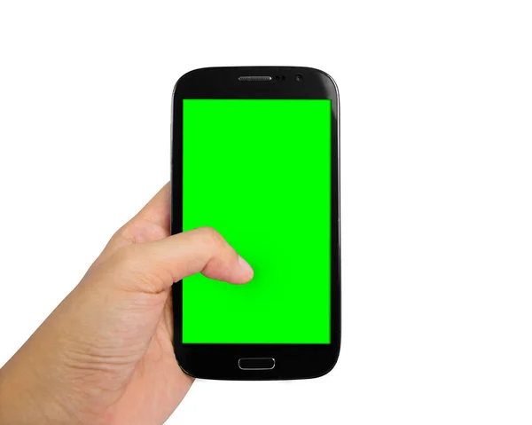 Close Hand Holding Mobile Device Green Monitor — Fotografia de Stock