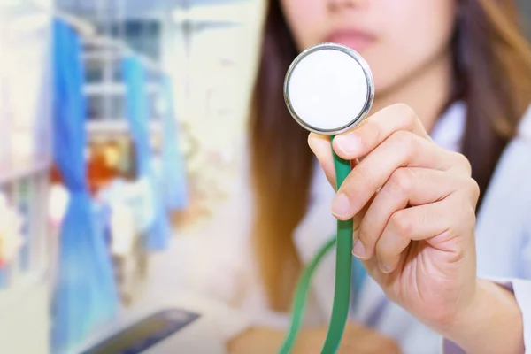 Double Exposure Doctor Holding Stethoscope Bed Patient Hospital Background — Stock Photo, Image