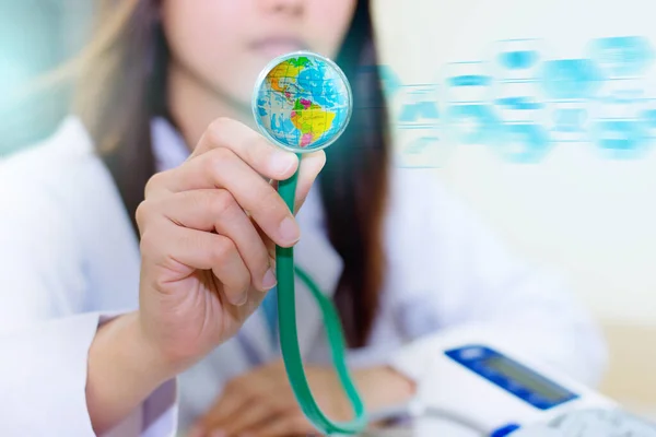Doctor Hand Holding Stethoscope Global Working Modern Computer Interface Concept — Stok fotoğraf