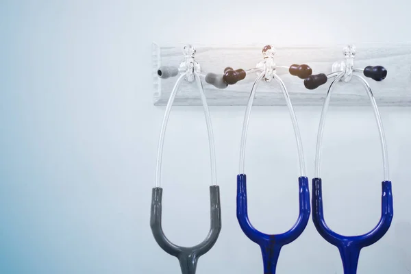 Stethoscope Hangs Coat Rack Hook Hospital Room Blue Tone Concept — Stock Photo, Image