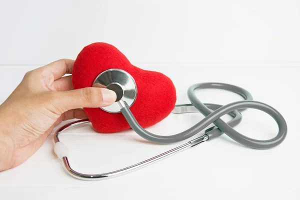 Gray Stethoscope Doctor Hand Red Heart Isolated Wooden White Background — Foto Stock