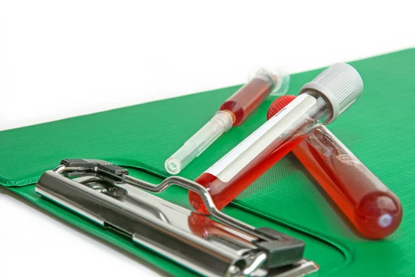 Sample Blood Tube Test New Patient Information Sheet File Syringe — Stok fotoğraf