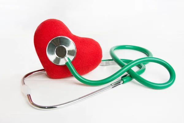 Green Stethoscope Doctor Hand Red Heart Isolated Wooden White Background — Stock Photo, Image