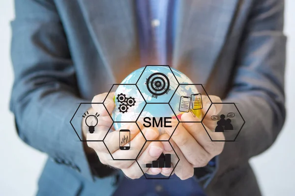 Double Exposure of image of  Digital Business and Technology Concept.Businessman holding a global communication.