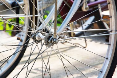 Bicycle wheels on the road.