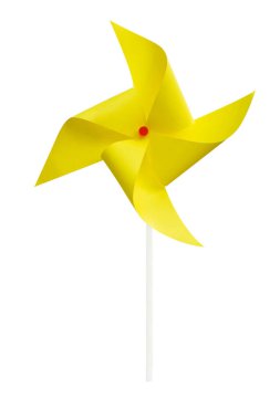 Yellow and white wind turbine with light blue sky as shiny blue