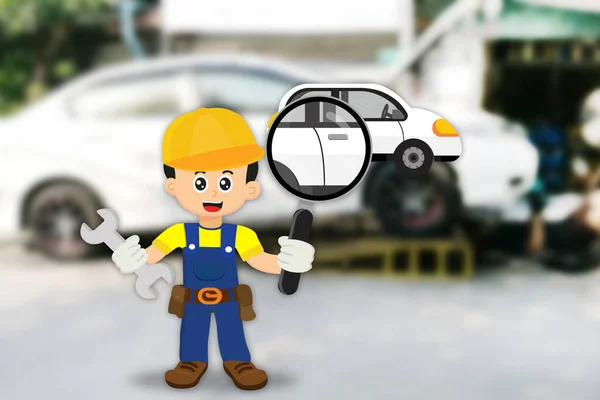 Cute cartoon of mechanic repairs the car engine.