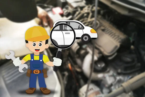 Cute cartoon of mechanic repairs the car engine.