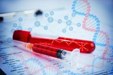 DNA testing of the blood in the laboratory with blood sample collection tubes and syringe. (blue tone) clipart