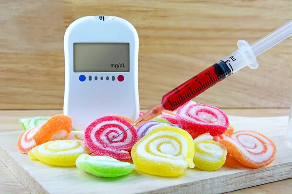 Glucose Meter Word Diabetes Candy Dessert Too Many Sweets Unhealthy — Fotografia de Stock