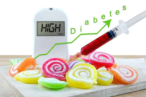 Medidor Glicose Com Palavra Diabetes Doces Sobremesa Muitos Doces Alimentos — Fotografia de Stock