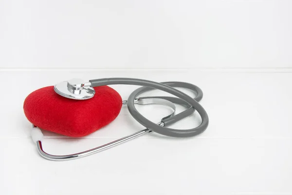 Gray Stethoscope Red Heart Isolated Wooden White Background — Stock Photo, Image