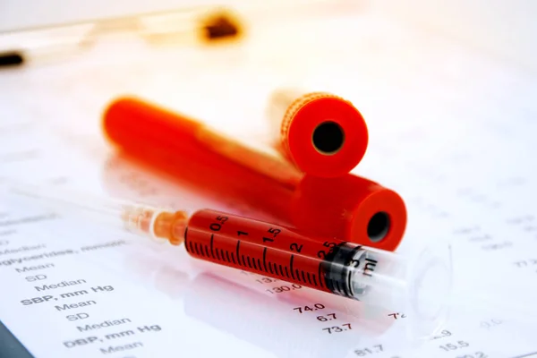 Hematología Informe Análisis Sangre Con Tubos Recolección Muestras Sangre Color — Foto de Stock