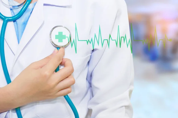 Doctor with a stethoscope put the hands on his heart and Listen to heart isolated on white background.