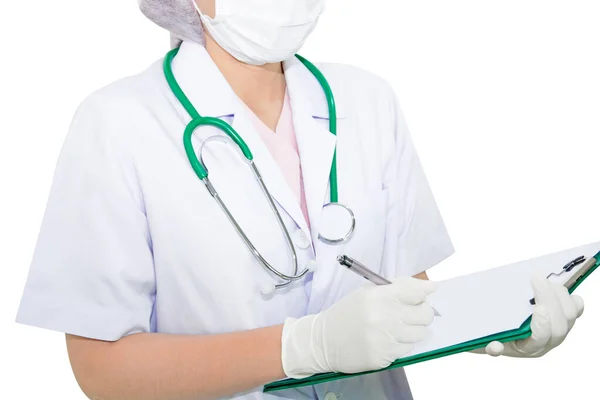 白人に隔離された文書でノートを作る医療女性医師 ロイヤリティフリーのストック画像