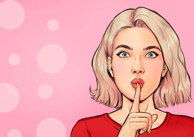 Pop Art girl  shot of quiet. Amazing  woman keeps fore finger over lips, makes silence gesture, gossips with friend,  says hush. Be quiet clipart