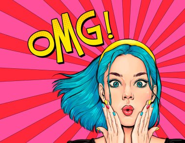 Surprised young sexy woman  in comic style. Amazed lady saying OMG. Pop Art girl with shocked face.  