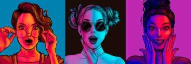Surprised people on multicolored backgrounds in neon light, fluid. Amazed happy women. Human emotions, facial expression concept. Sale. Wow people