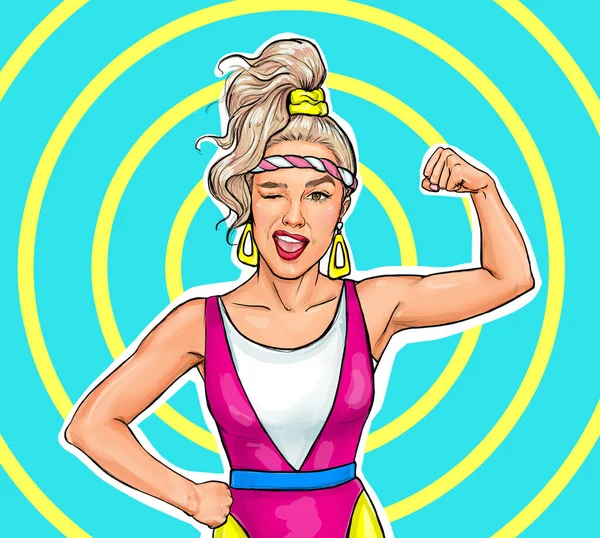 Pop Art Sporty Winking Woman Girl Power Advertising Poster Comic — Stok fotoğraf