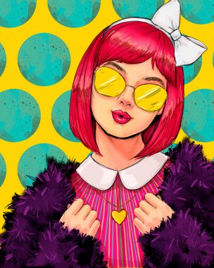 Gözlüklü, çekici, genç bir Pop Art kadınına şaşırdım. Reklam afişi ya da parti davetiyesi, komik tarzda seksi bir kızla..