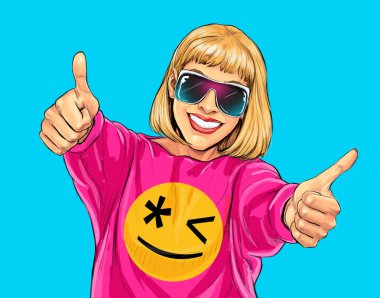 Gözlüklü gülümseyen kadın işaret gibi görünüyor. Pop art genç, mutlu, gülümseyen kız ya da genç çizgi film karakteri. Başarı ve hedef başarının yüz ifadesi
