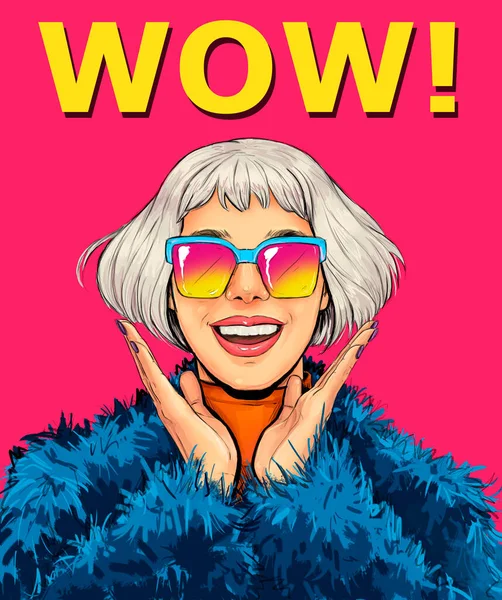 Verrast Pop Art Mode Vrouw Met Een Bril Reclameposter Feestuitnodiging — Stockfoto