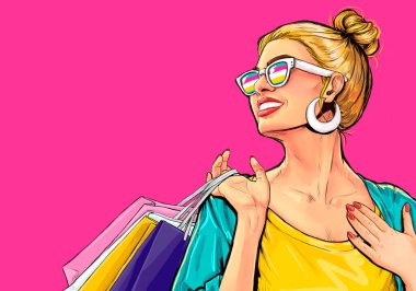 Gözlüklü, komik çantalı, gülümseyen seksi bir kadın. Pop Art Wow kızı bir yerlere bakıyor. Şaşkın dergi kapağı mankenli reklam afişi..