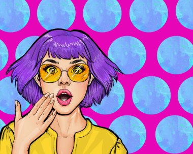 Gözlüklü genç Pop Art kadını şaşırttı. Reklam afişi ya da parti davetiyesi. Komik bir ağzı olan hayret verici bir kız..