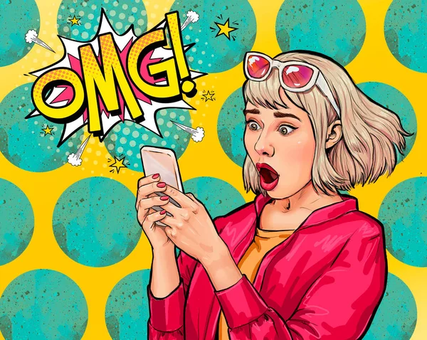 Shocked Young Girl Using Mobile Phone Wow Excited Woman Looking — Stock Photo, Image
