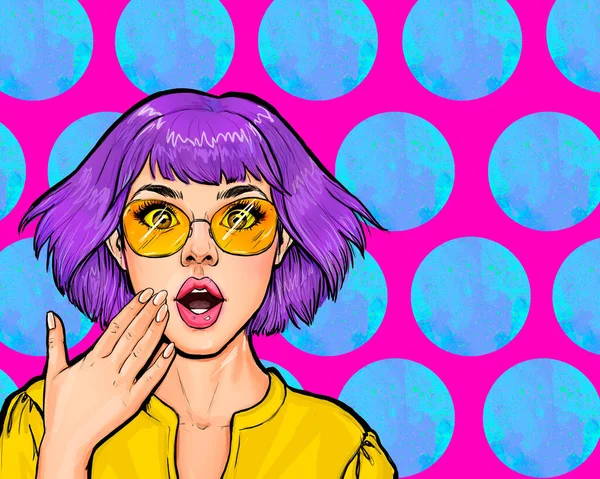 Surprised Young Pop Art Woman Glasses Advertising Poster Party Invitation — Stock Photo, Image